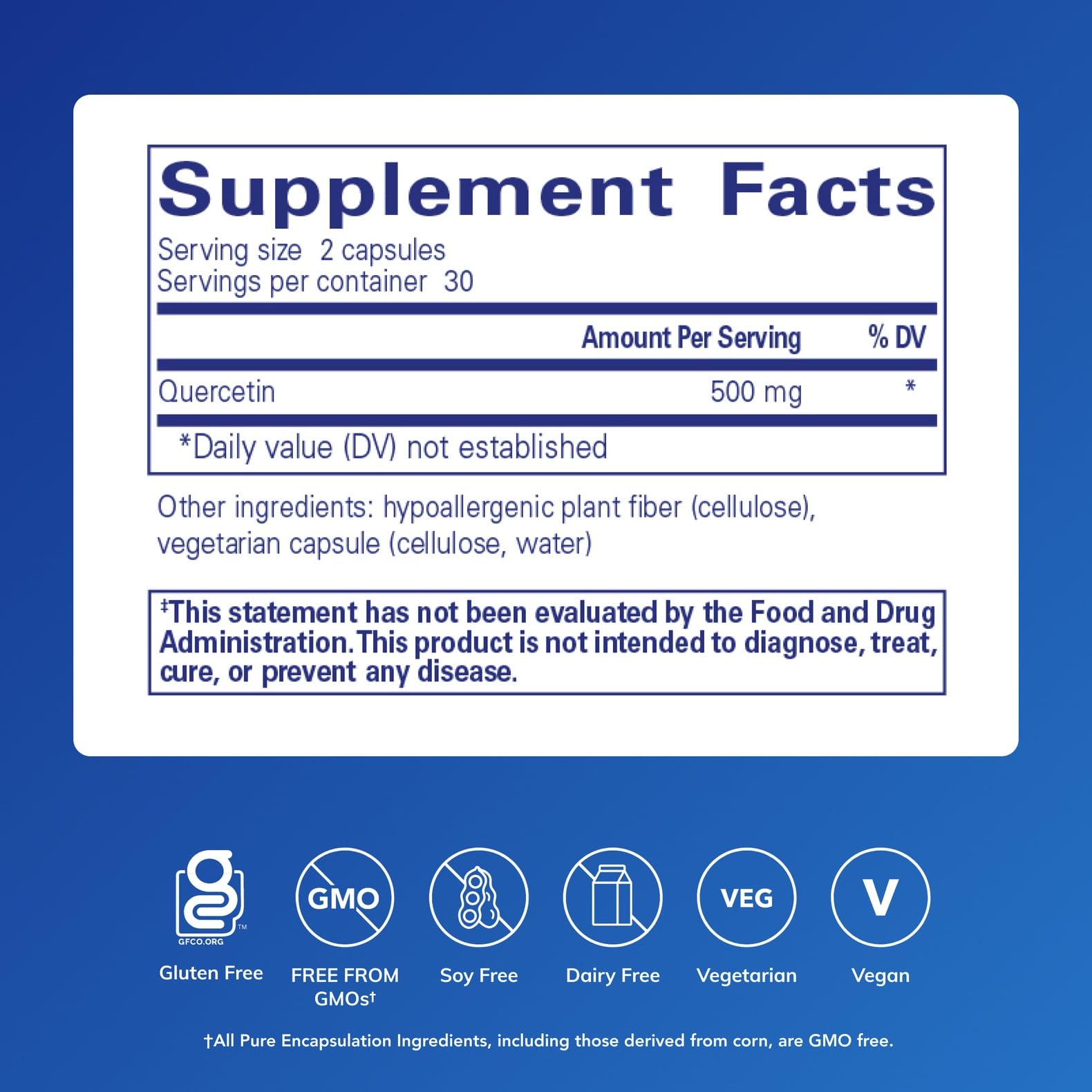 Étiquette Quercétine Pure Encapsulations indiquant sans gluten et sans OGM.