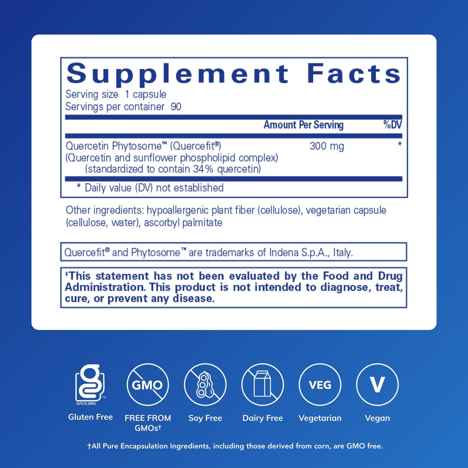 Pure Encapsulations Quercetine UltraSorb, étiquette claire indiquant les usages potentiels.