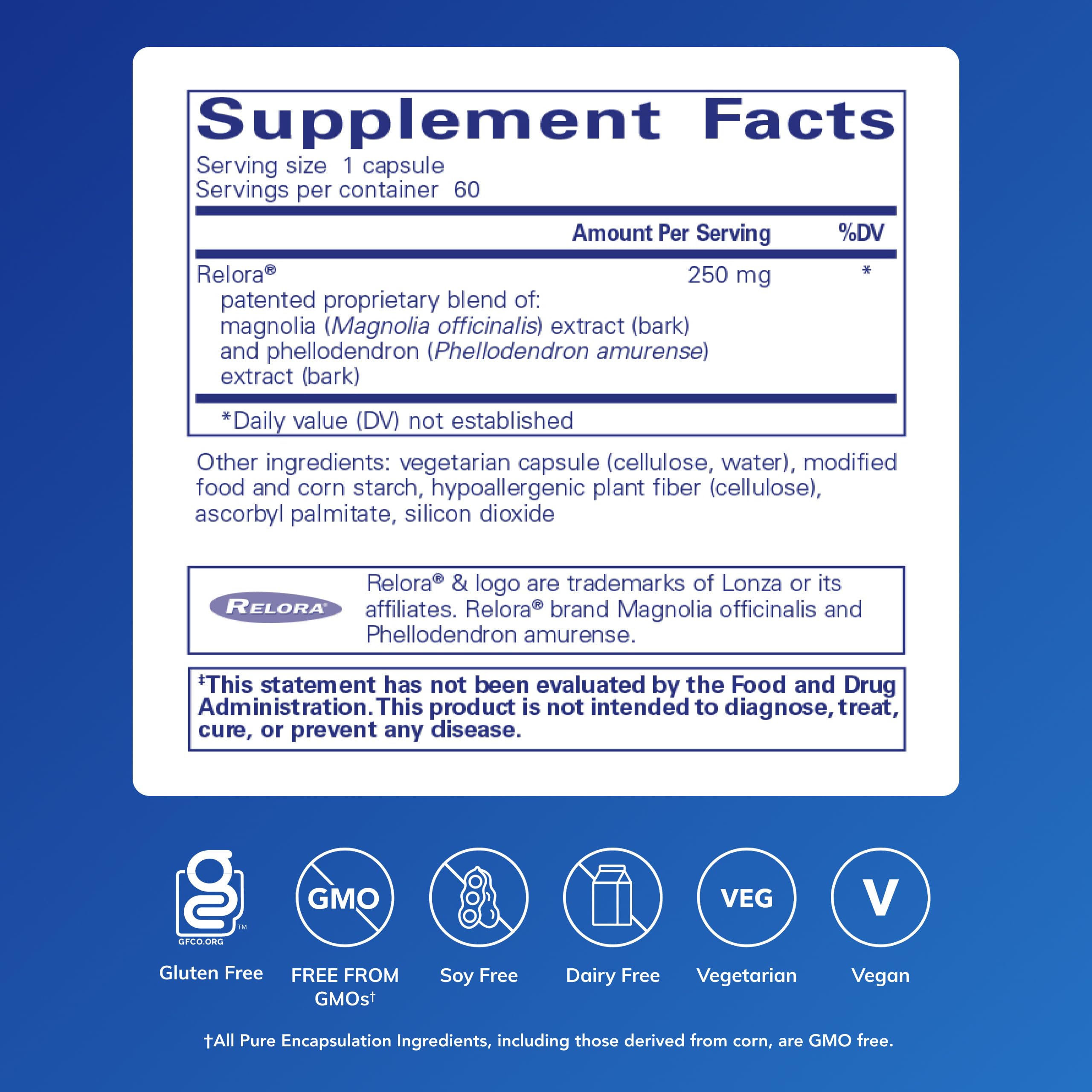 Relora Pure Encapsulations — capsules détaillées, suggèrent calme et équilibre.