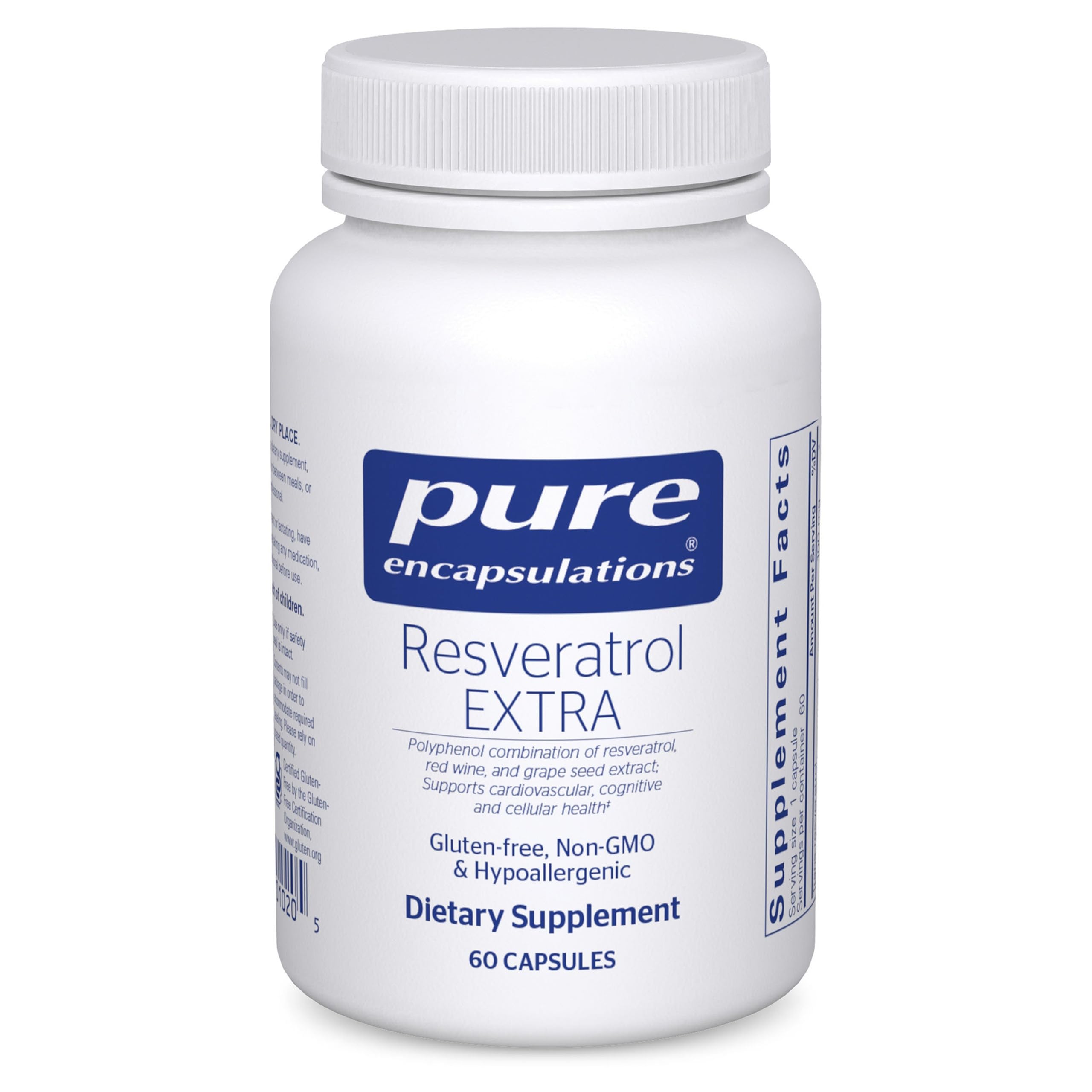 Pure Encapsulations Resveratrol EXTRA: bouteille et capsules, soutien potentiel des fonctions cellulaires.