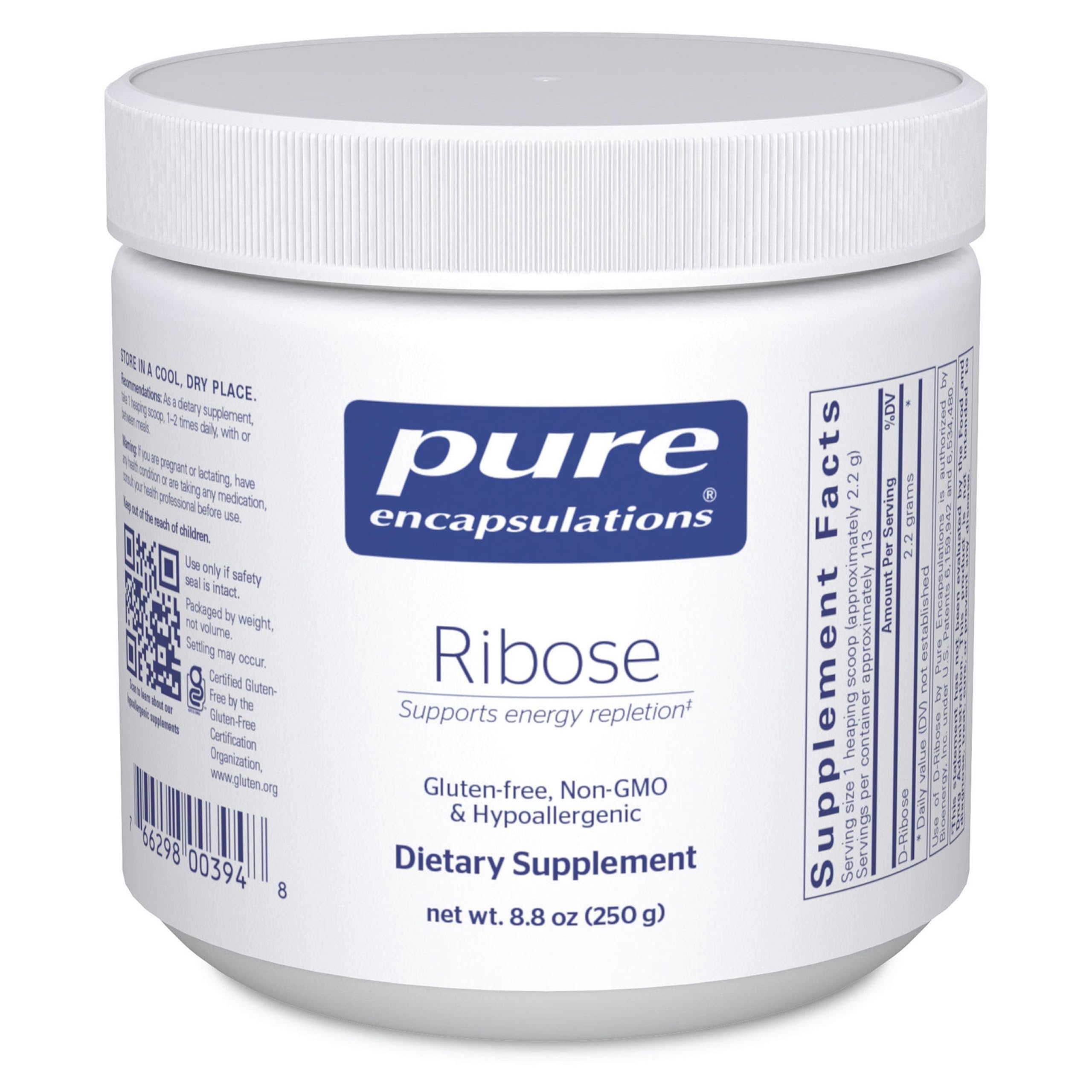 Pure Encapsulations Ribose, bouteille, soutien potentiel d'énergie lors de l'entraînement.