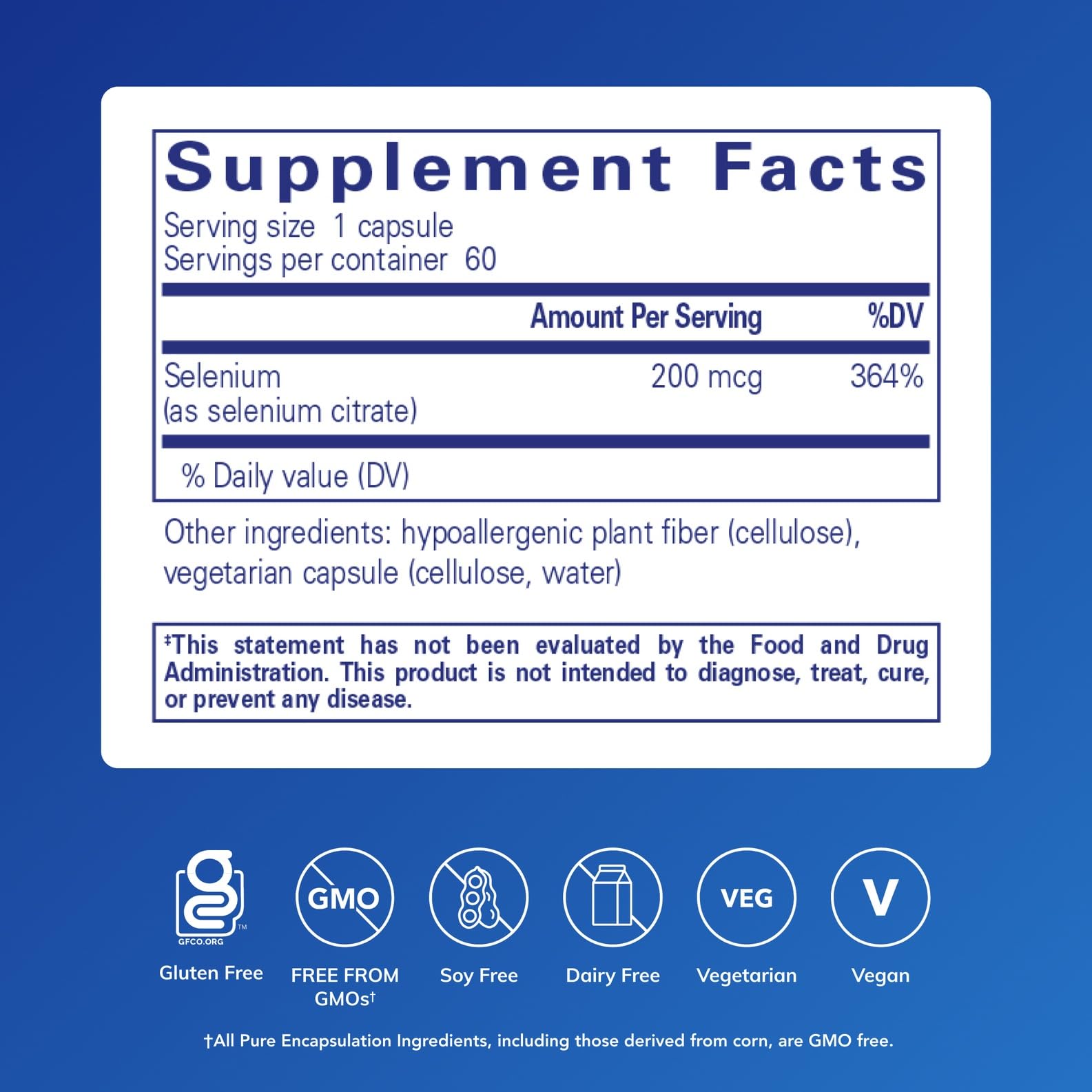 Pure Encapsulations Sélénium (Citrate) — Etiquette produit claire avec options véganes et sans gluten.