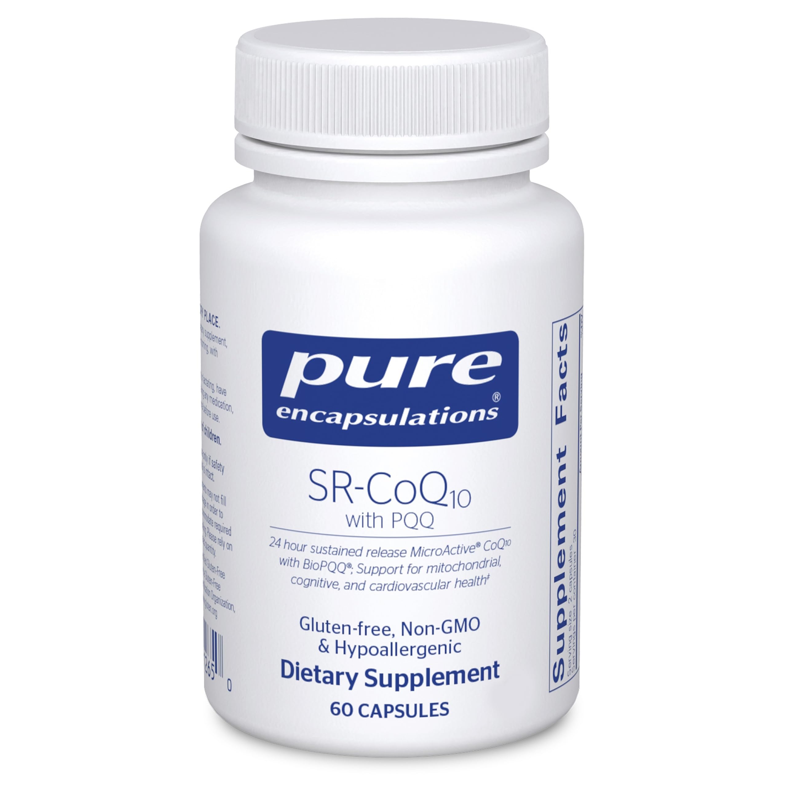 Pure Encapsulations SR-CoQ10-PQQ montrant la bouteille, soutien potentiel à la santé cardiaque.