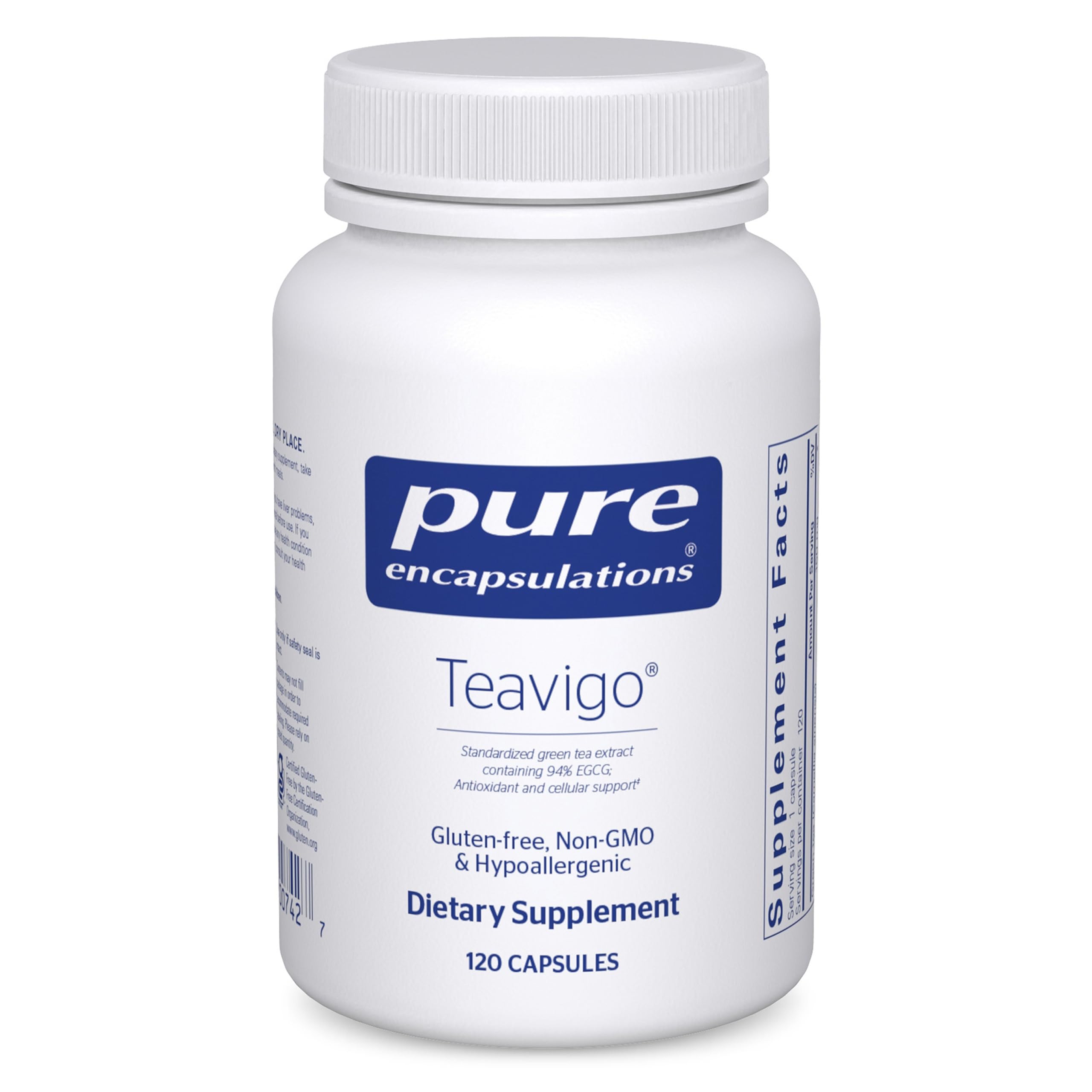 Pure Encapsulations Teavigo — bouteille : soutien antioxydant potentiel au quotidien.