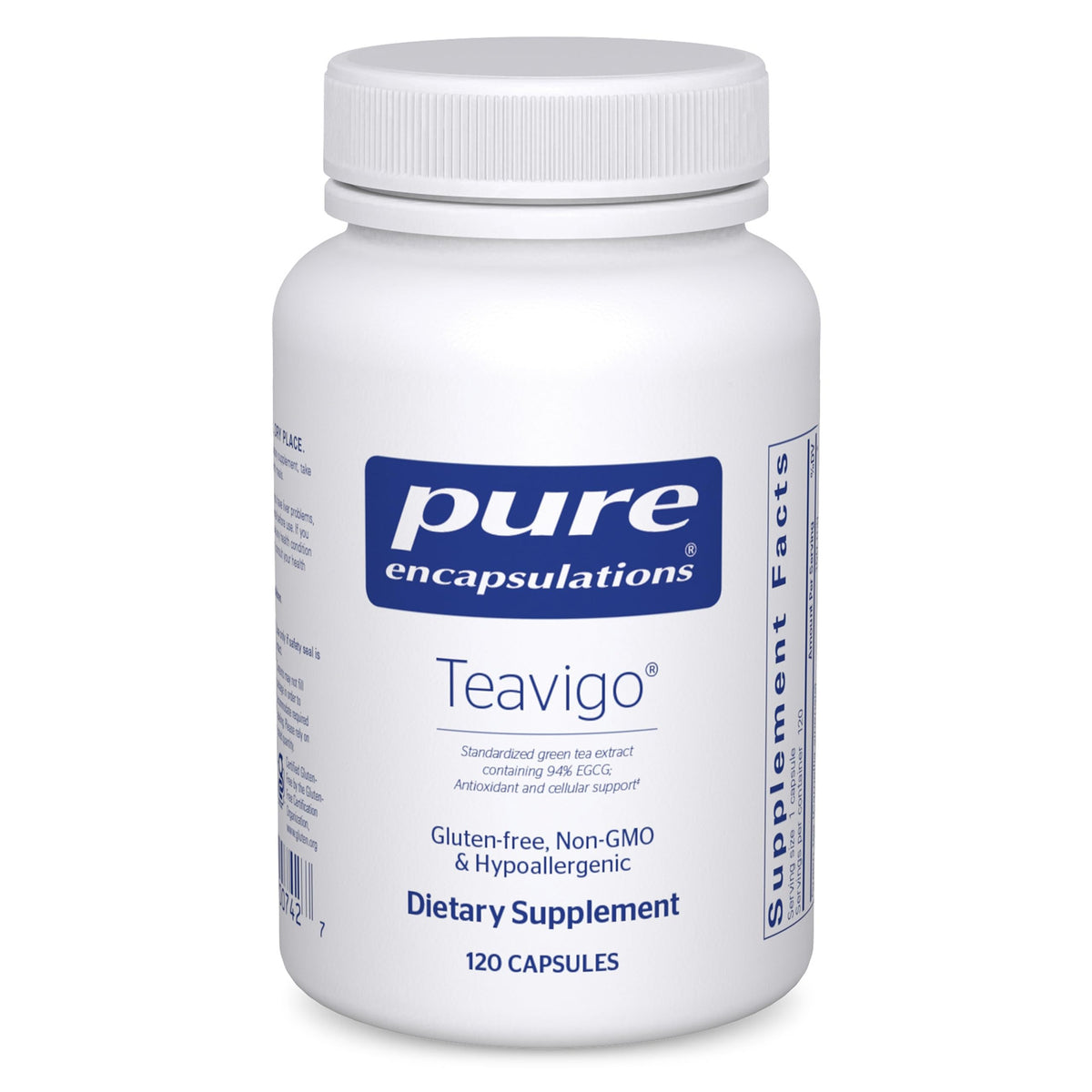 Pure Encapsulations Teavigo — bouteille : soutien antioxydant potentiel au quotidien.