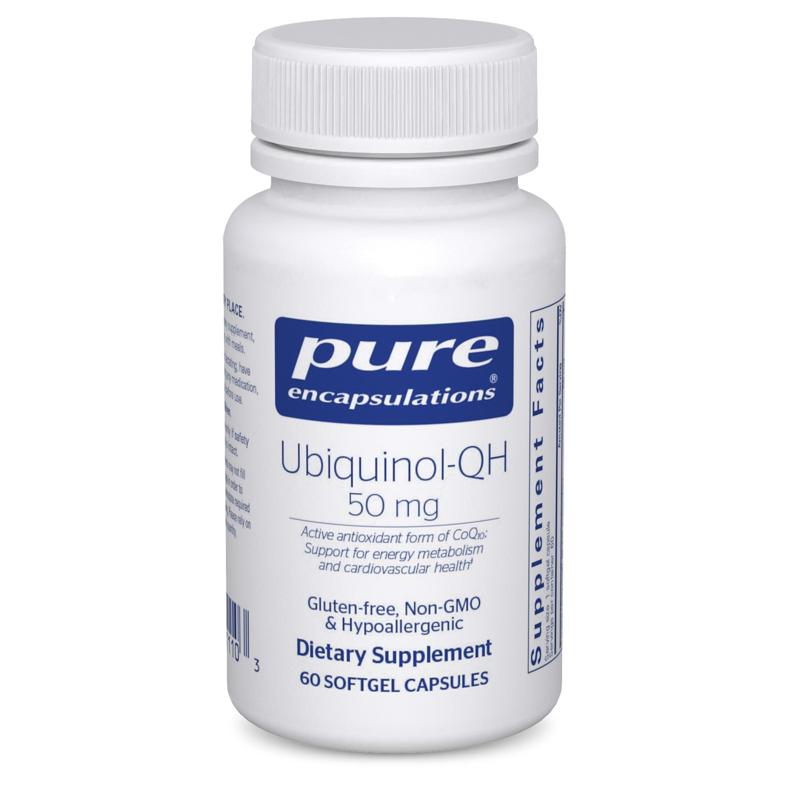 Bouteille Pure Encapsulations ubiquinol-qh 50 mg, soutien potentiel énergie cellulaire.