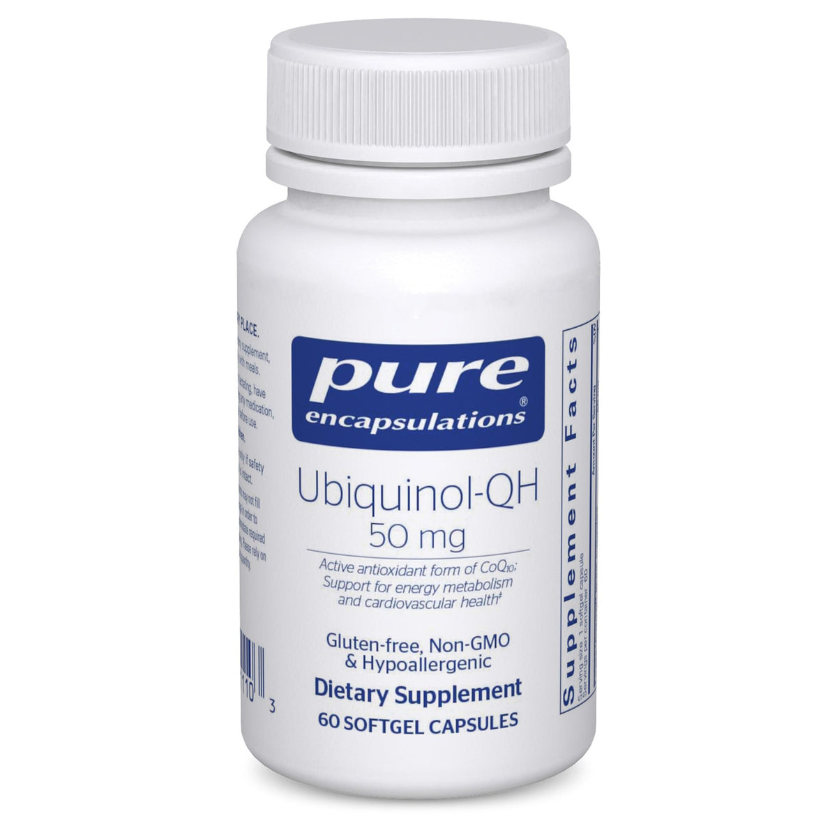 Bouteille Pure Encapsulations ubiquinol-qh 50 mg, soutien potentiel énergie cellulaire.