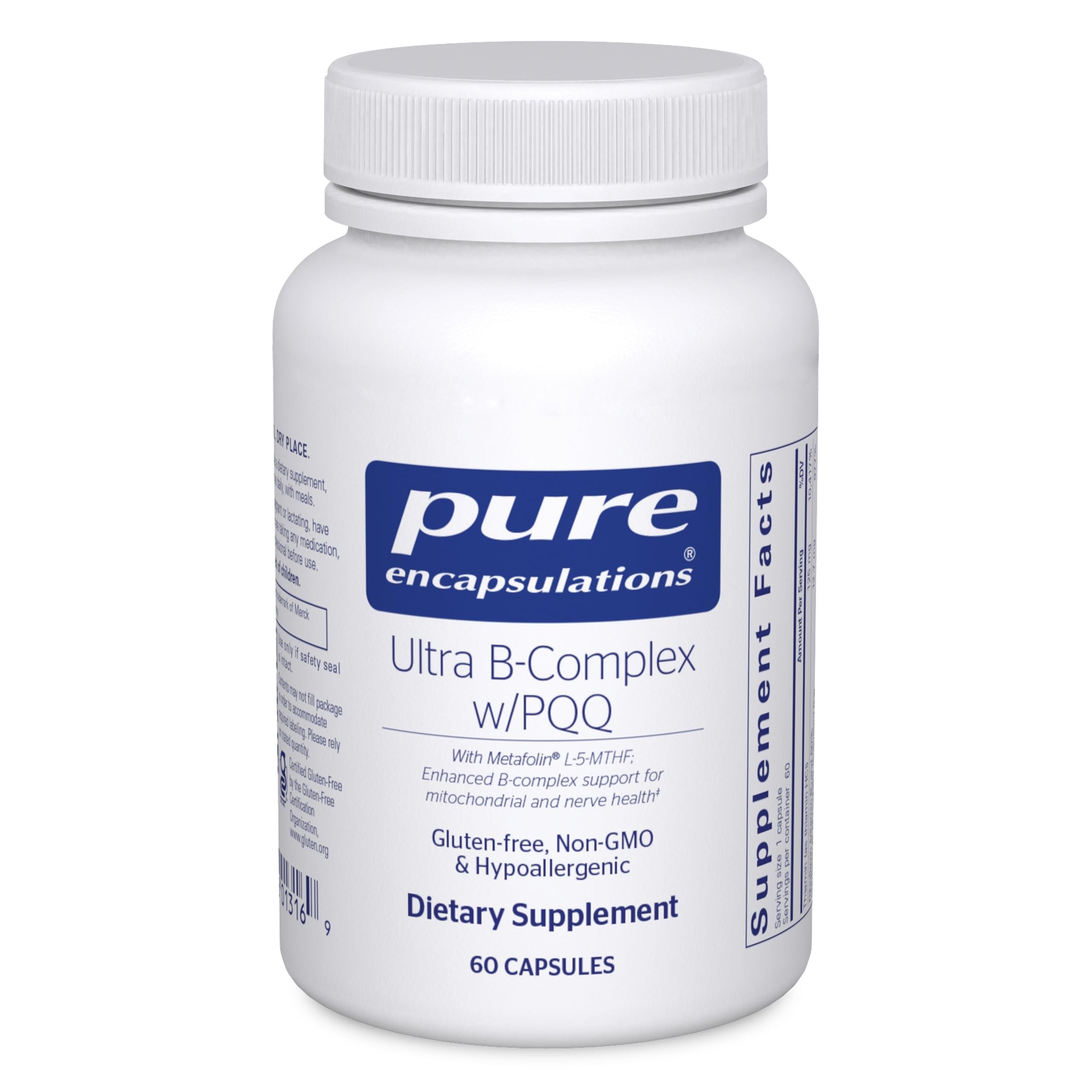 Pure Encapsulations Ultra B-Complex avec PQQ – bouteille et étiquette claire, soutien nerveux.