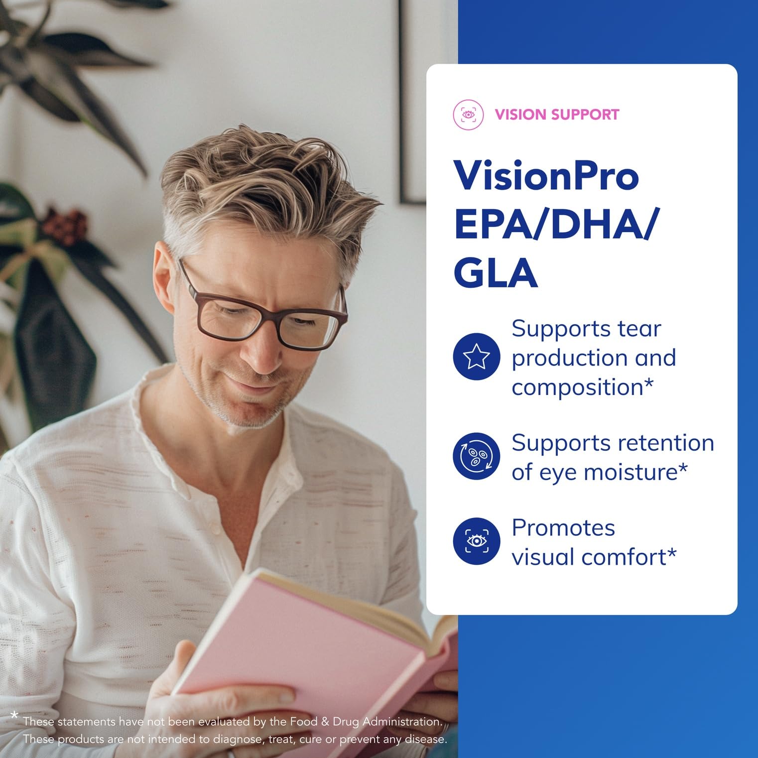VisionPro contient EPA et DHA pour une nutrition oculaire potentielle.