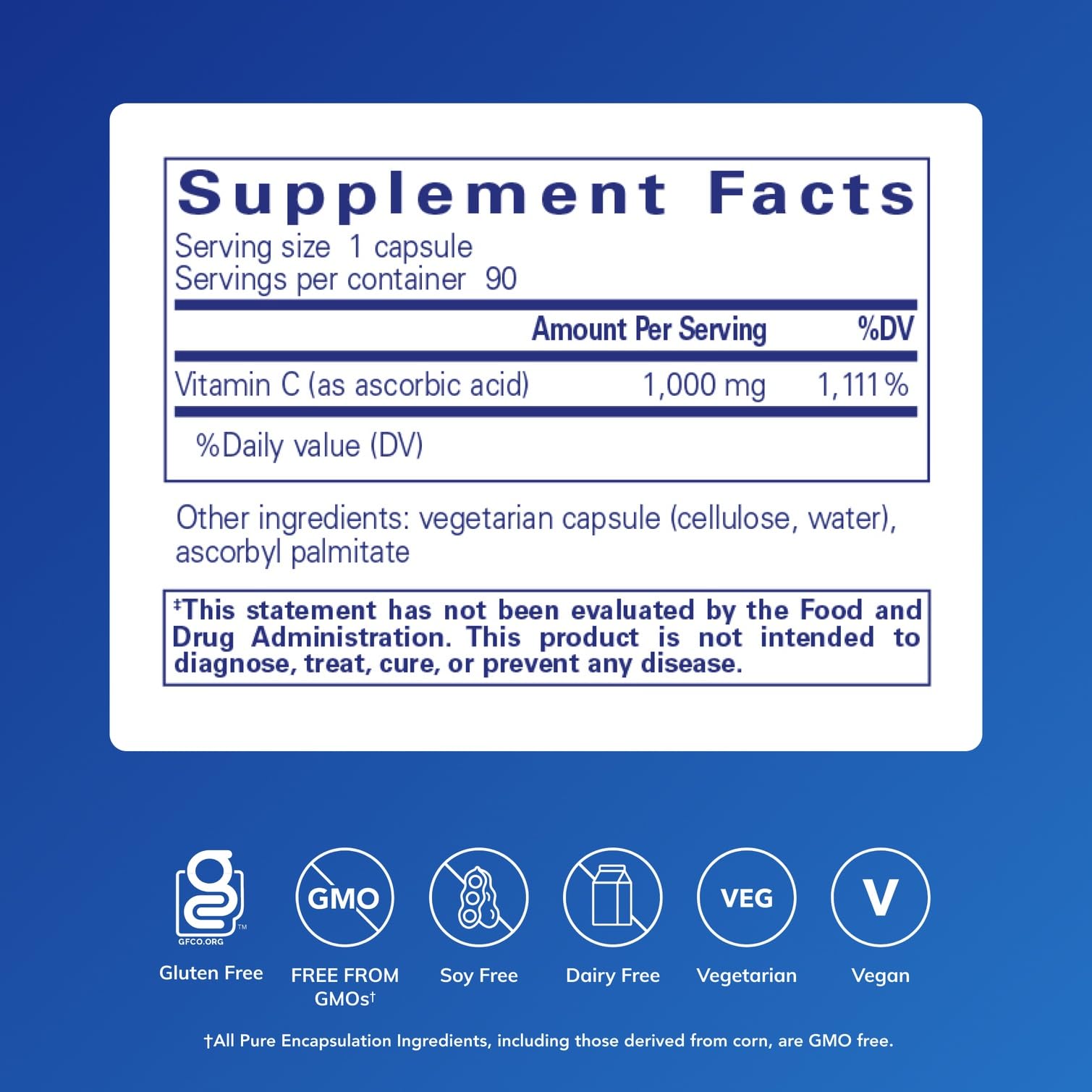 Capsules Pure Encapsulations d acide ascorbique 1000 mg visibles, effet antioxydant possible.