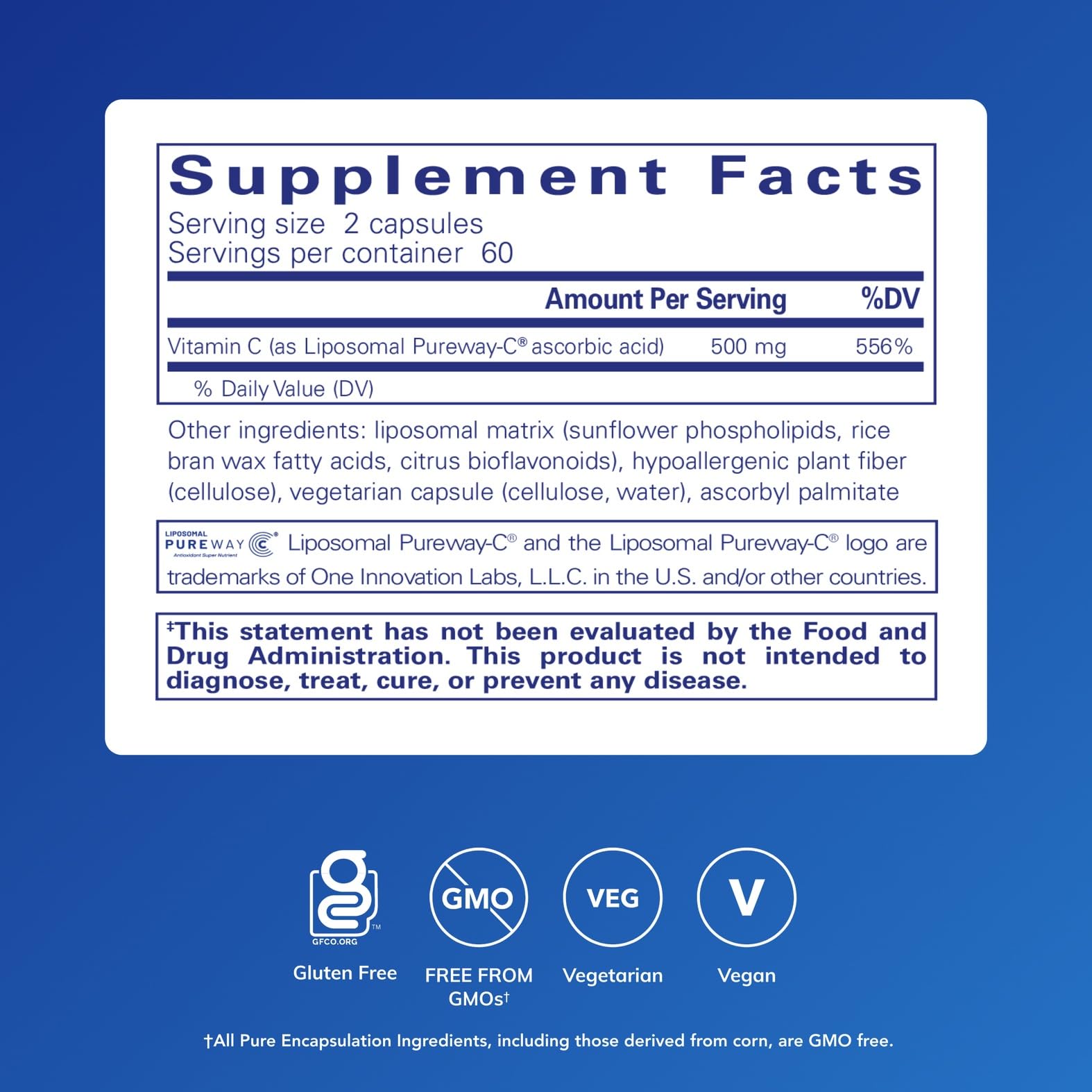 Pure Encapsulations Vitamine C liposomale – capsules visibles et absorption potentiellement améliorée.