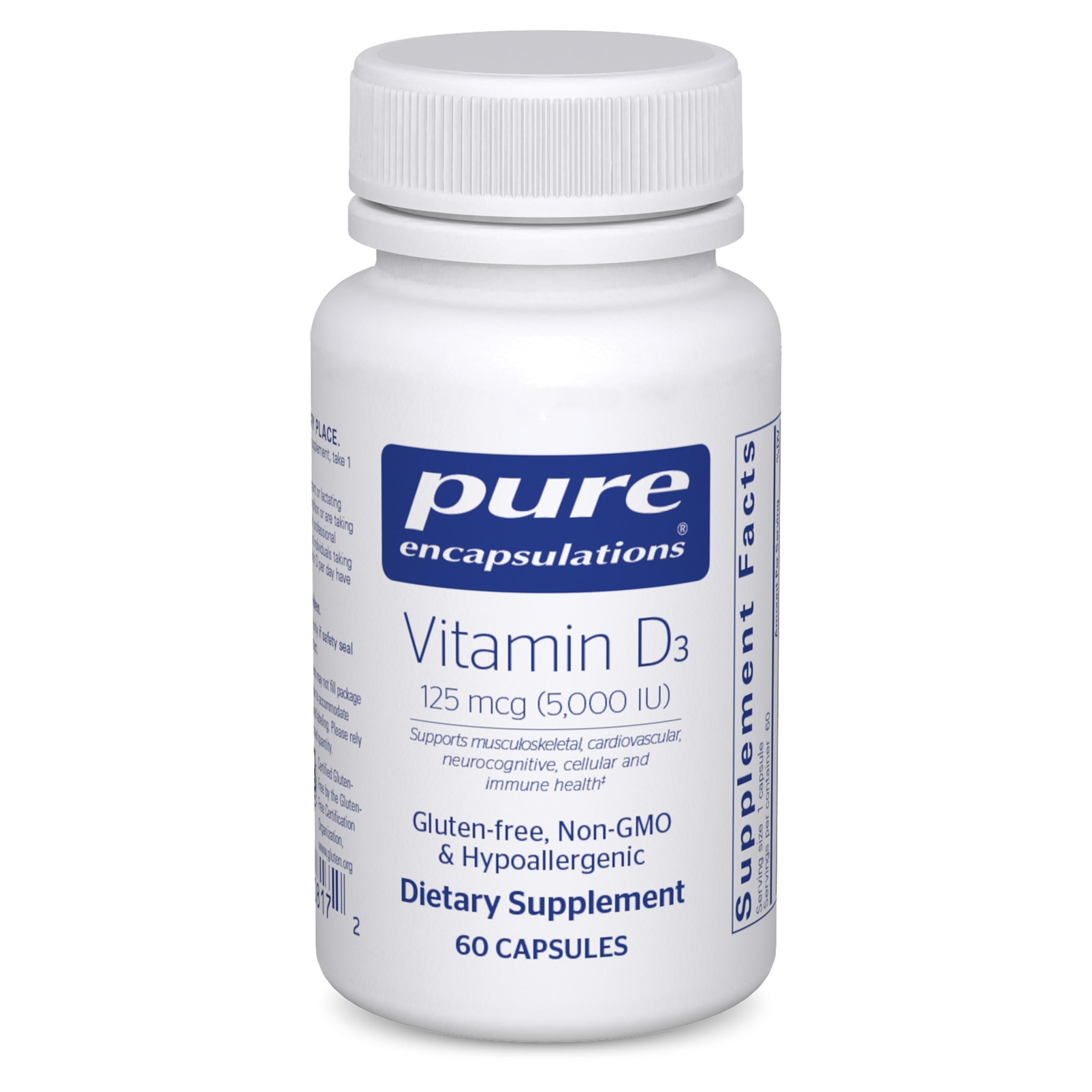 Pure Encapsulations Vitamine D3 125 mcg — bouteille: soutien potentiel des os et immunité.