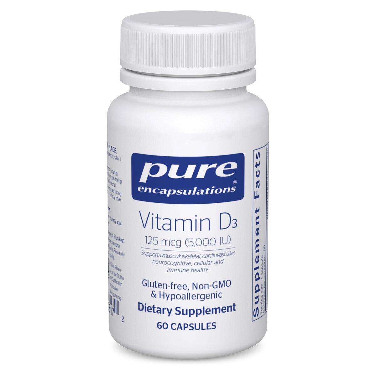 Pure Encapsulations Vitamine D3 125 mcg — bouteille: soutien potentiel des os et immunité.