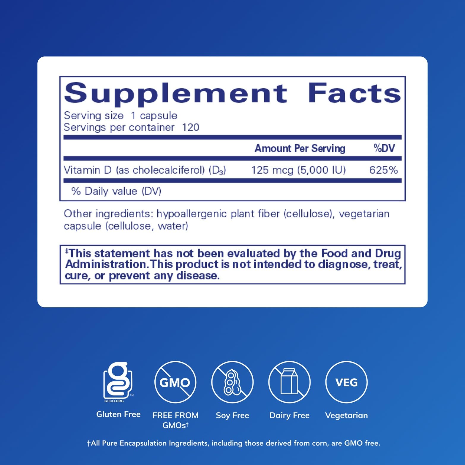 Étiquette Pure Encapsulations Vitamine D3, formulation sans allergènes et sans OGM