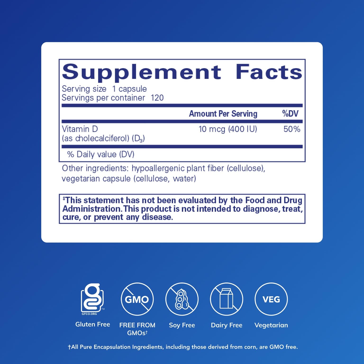 Pure Encapsulations Vitamine D3 étiquette et emballage clair.
