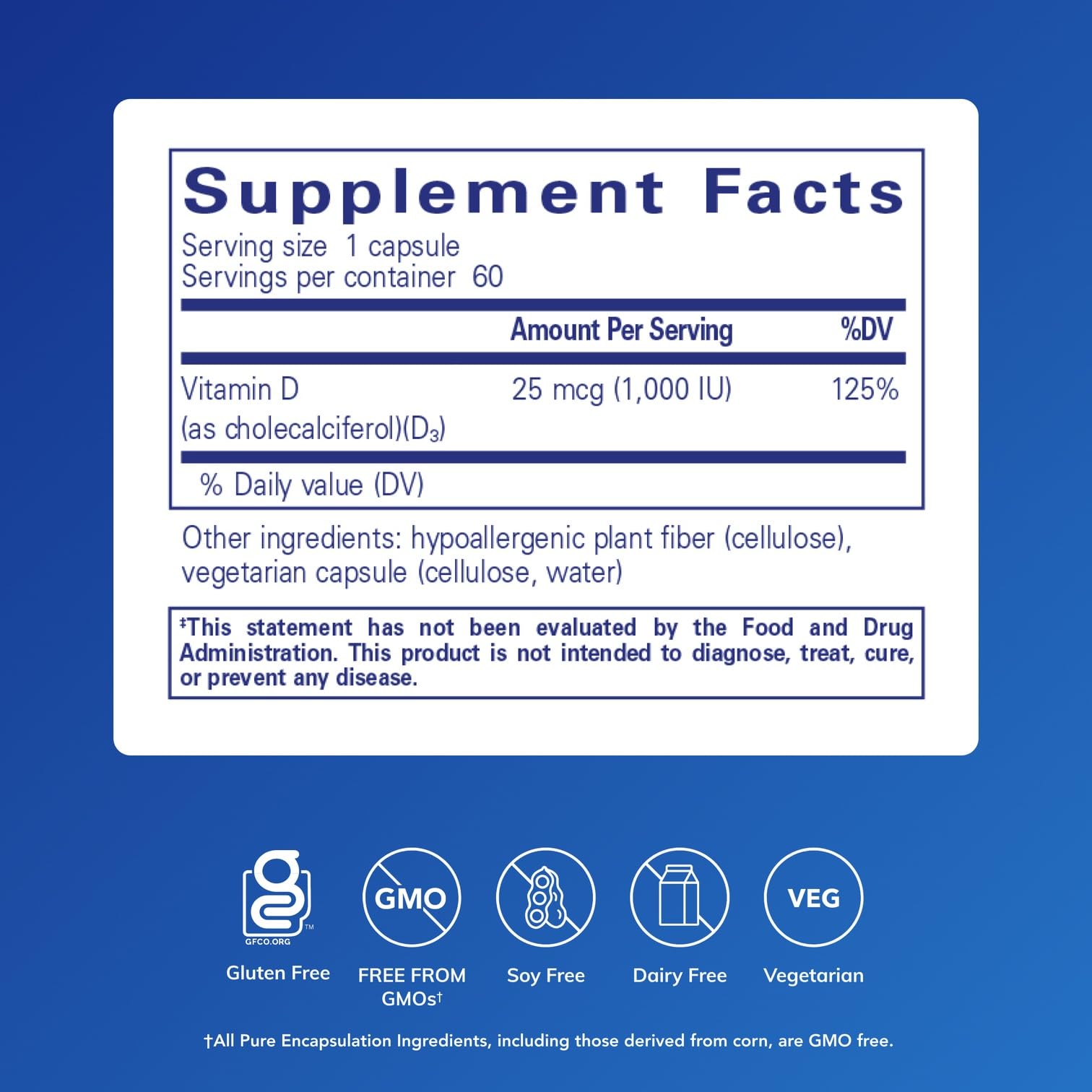 Gélules Vitamine D3 Pure Encapsulations près de l’étiquette, soutien potentiel du calcium.