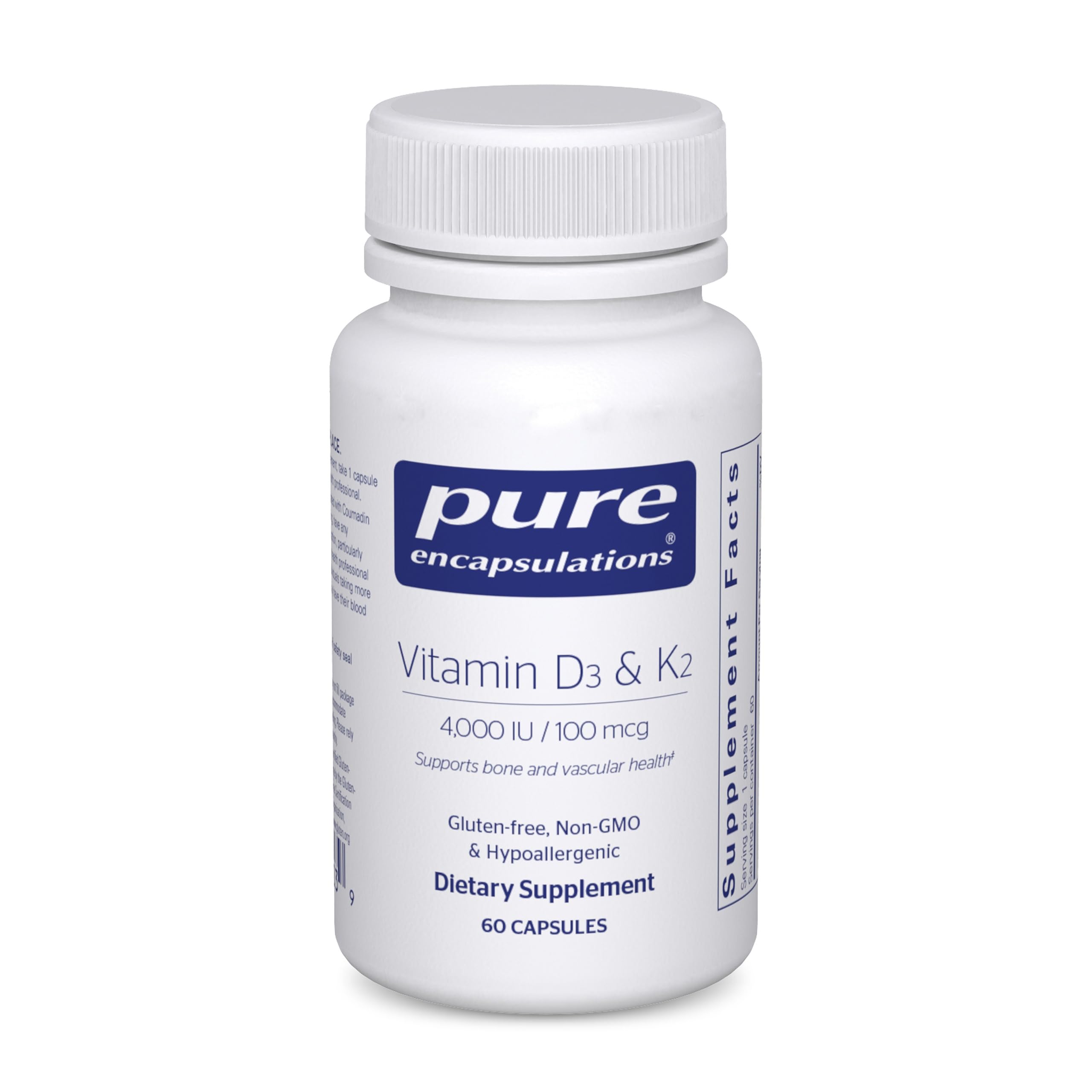 Pure Encapsulations vitamine D3 et K2 – bouteille et capsules, soutien potentiel des os et des vaisseaux