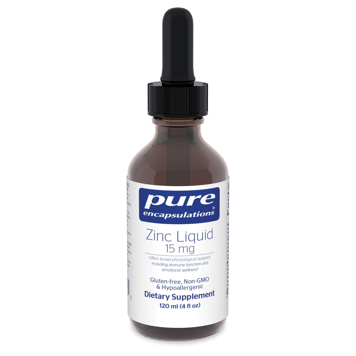 Pure Encapsulations Zinc Liquide, bouteille pratique pour un dosage précis et soutien immunitaire potentiel.