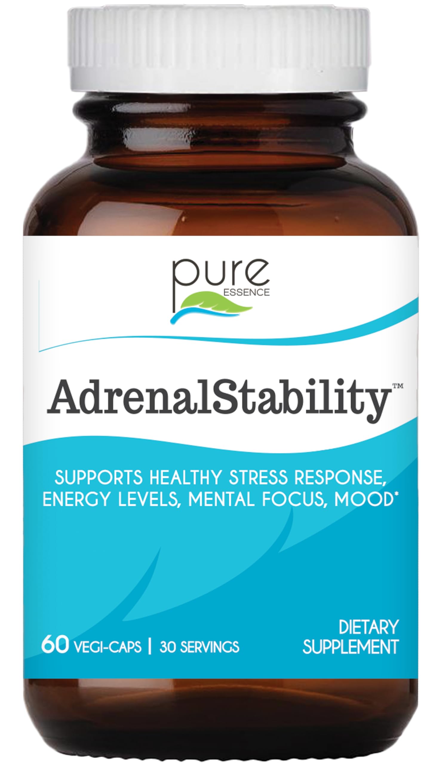 Pure Essence Labs Adrenal Stability, bouteille de compléments favorisant énergie et équilibre.