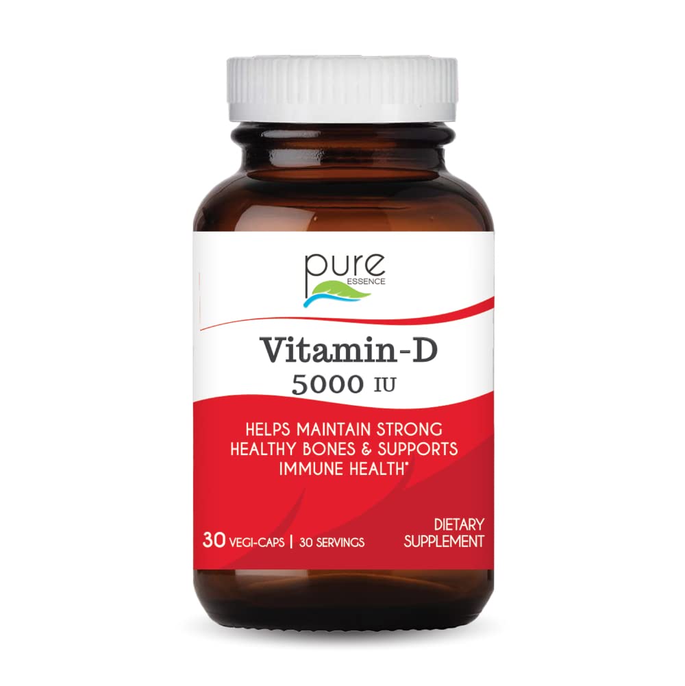 Pure Essence Labs vitamine D 5000 UI dans une bouteille, soutien potentiel du système osseux.