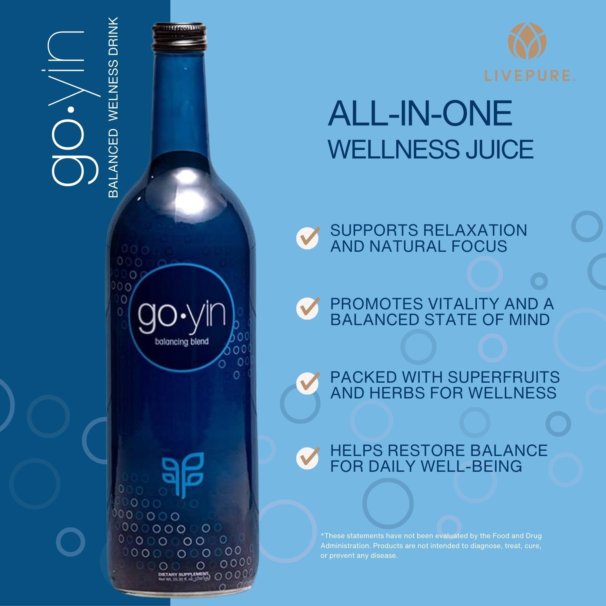 Pure GoYin ensemble d'ingrédients naturels et fruits pour l'équilibre quotidien.