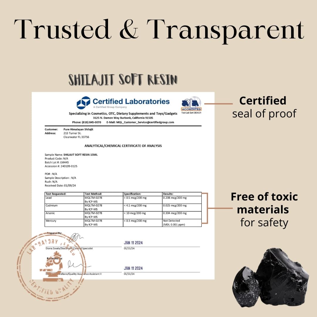 Pure Himalayan Shilajit analyses par laboratoire tiers pour sécurité et traçabilité.