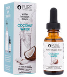 Pure Inventions gouttes infusion coco visibles sur bouteille en verre pour hydratation naturelle.