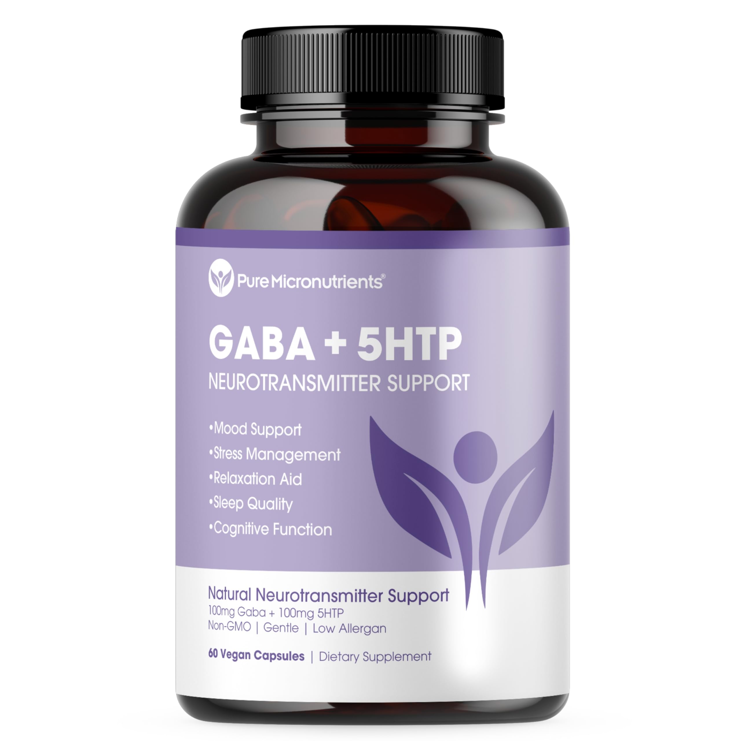 Bouteille Pure Micronutrients Pure 5-HTP + GABA prête pour le sommeil et la détente.