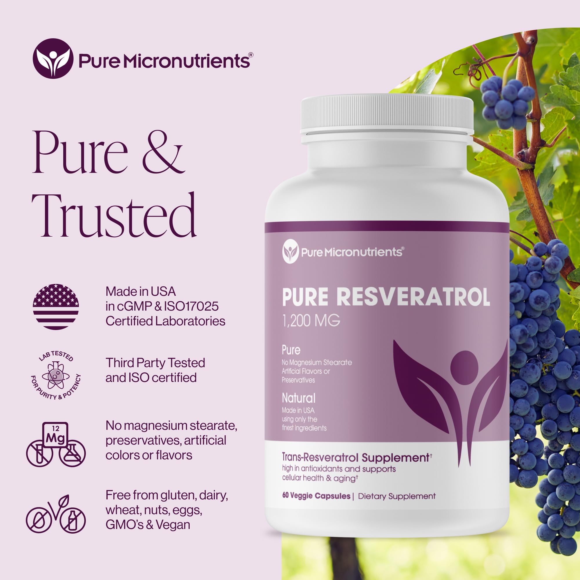 Pure Micronutrients Resveratrol – capsules vertes, prise facile pour énergie et immunité.