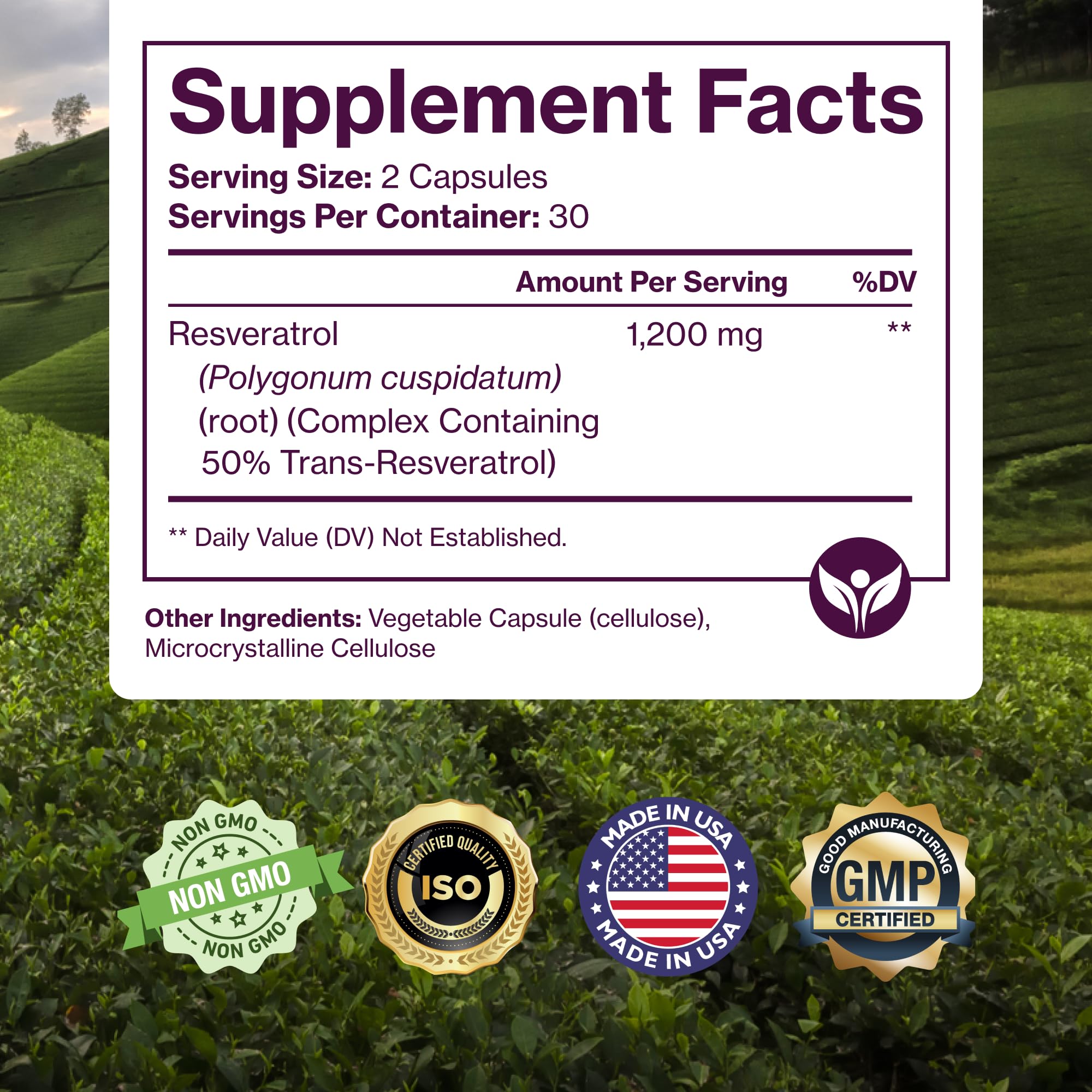 Pure Micronutrients Resveratrol – tableau des ingrédients pour transparence.