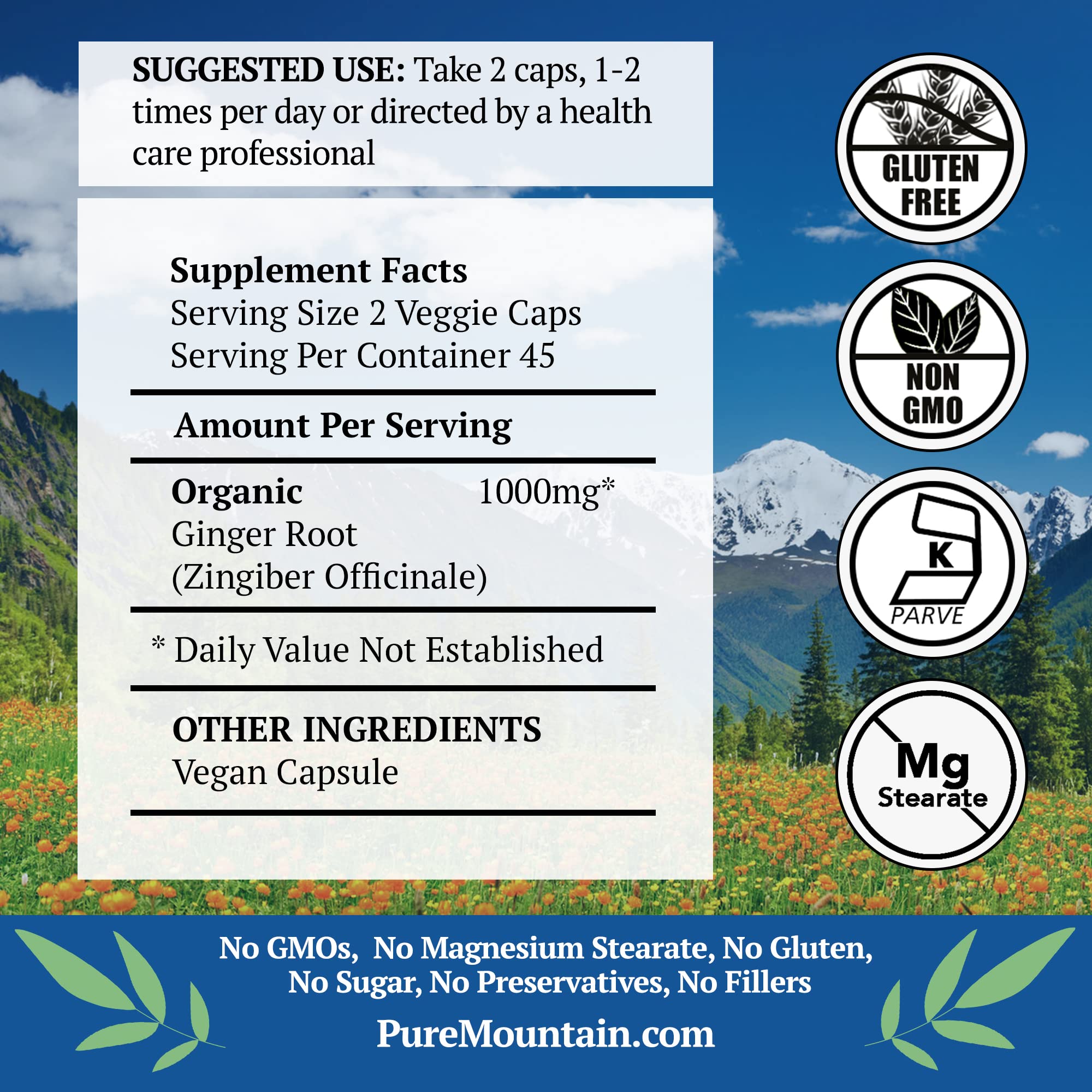 Capsules Gingembre Bio Pure Mountain Botanicals, texture lisse et composition simple.