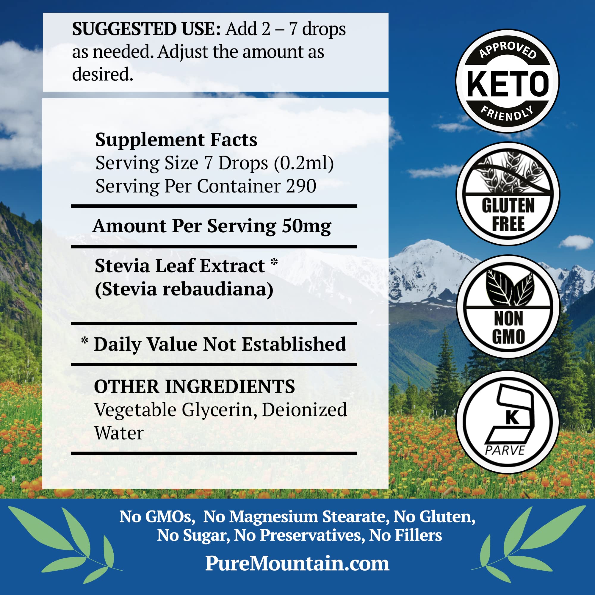 Gouttes stevia Pure Mountain Botanicals dans cafe ou the sans sucre