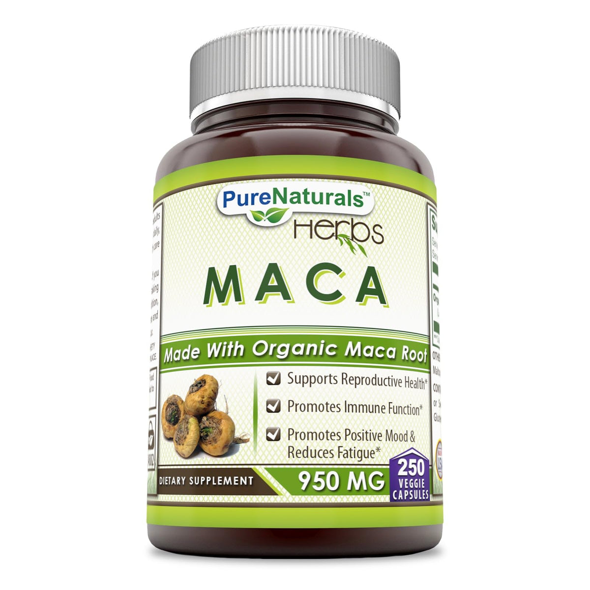 Pure Naturals Maca 950 mg — capsules, soutien énergie naturelle et équilibre hormonal potentiel.
