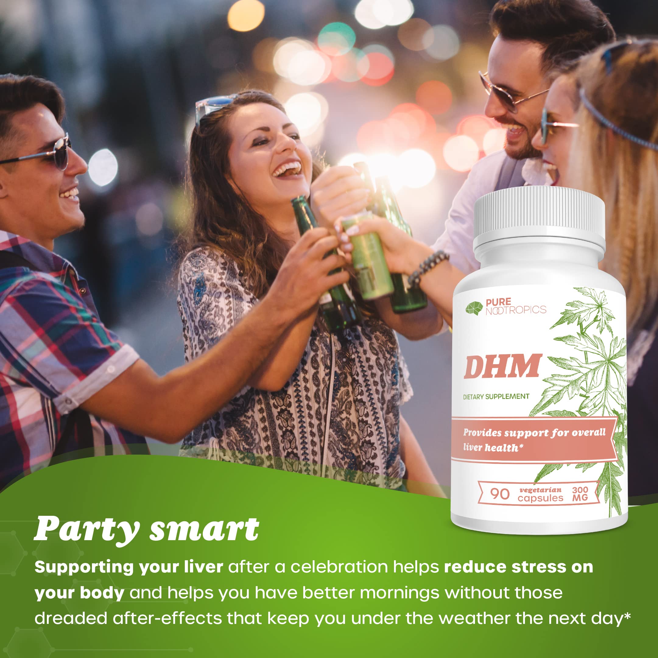 Pure Nootropics DHM apres alcool, rappelant une recuperation plus fluide.