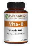 PURE NUTRITION NATURAL TREASURES B12 bouteille tablettes véganes, apport pratique quotidien.