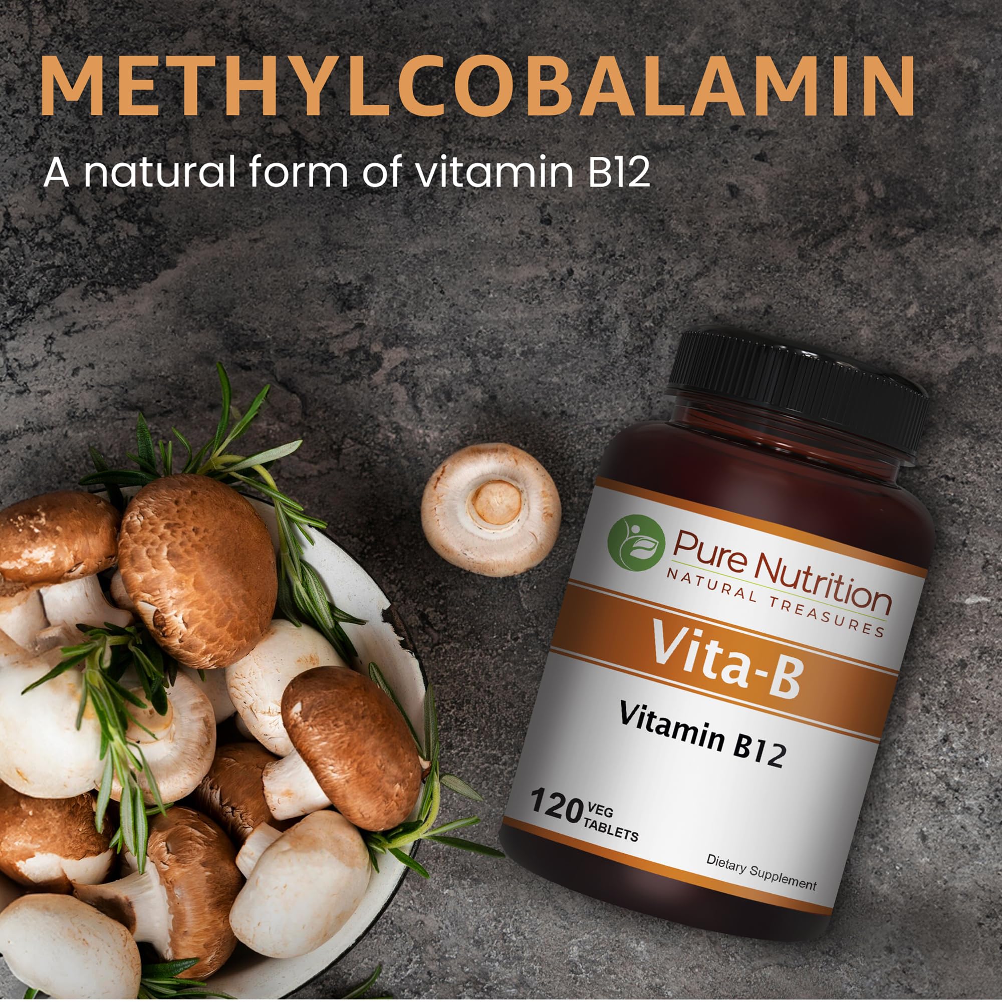 PURE NUTRITION NATURAL TREASURES B12 étiquette claire indiquant le dosage.