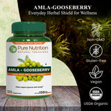 Capsules Pure Nutrition Natural Treasures Amla Extrait visibles dans le flacon.