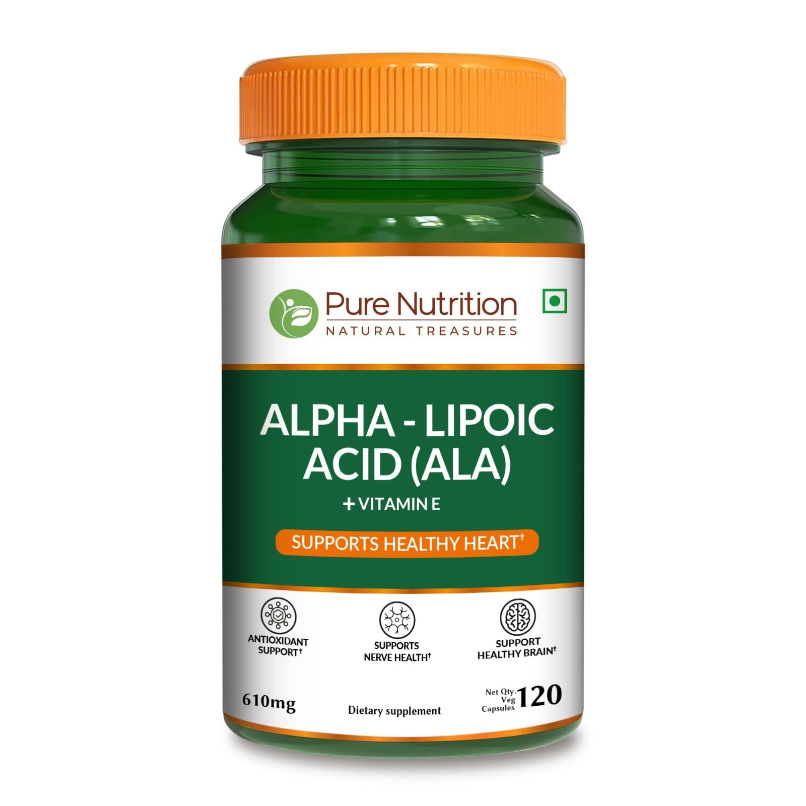 Pure Nutrition Natural Treasures acide-lipoïque alpha 600mg en bouteille, potentiel antioxydant.