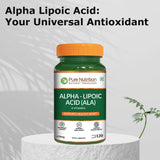 Pure Nutrition Natural Treasures etiquette-produit acide-lipoïque-600mg, informations claires sur le produit.