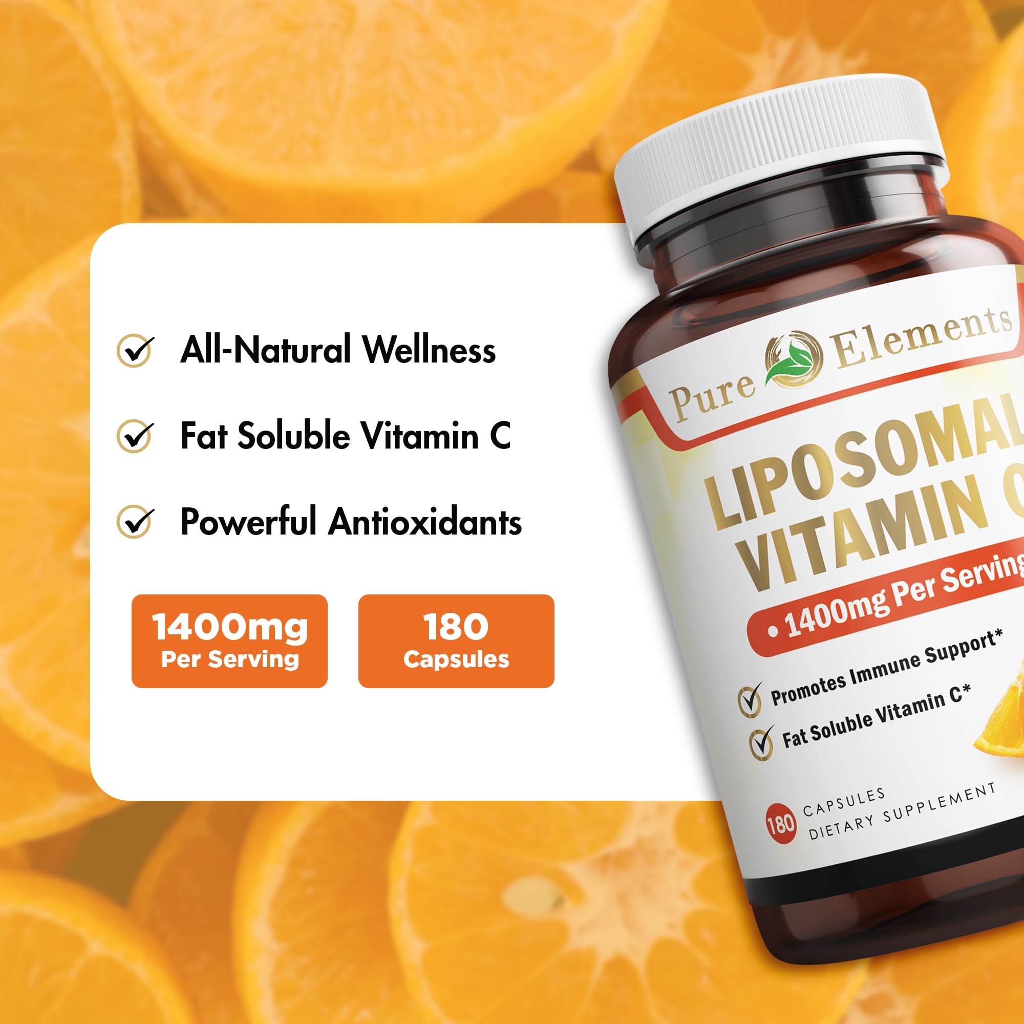 Pure Organic Elements, bouteille liposomale vitamine C, absorption potentielle améliorée lors des repas.