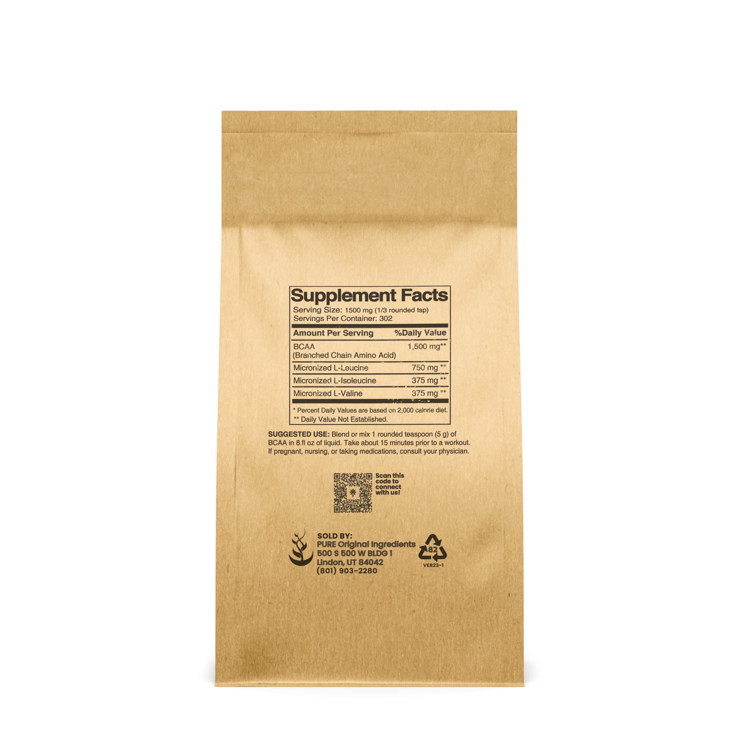 Pure Original Ingredients BCAA Poudre non aromatisée, mélange facile dans vos boissons sportives.