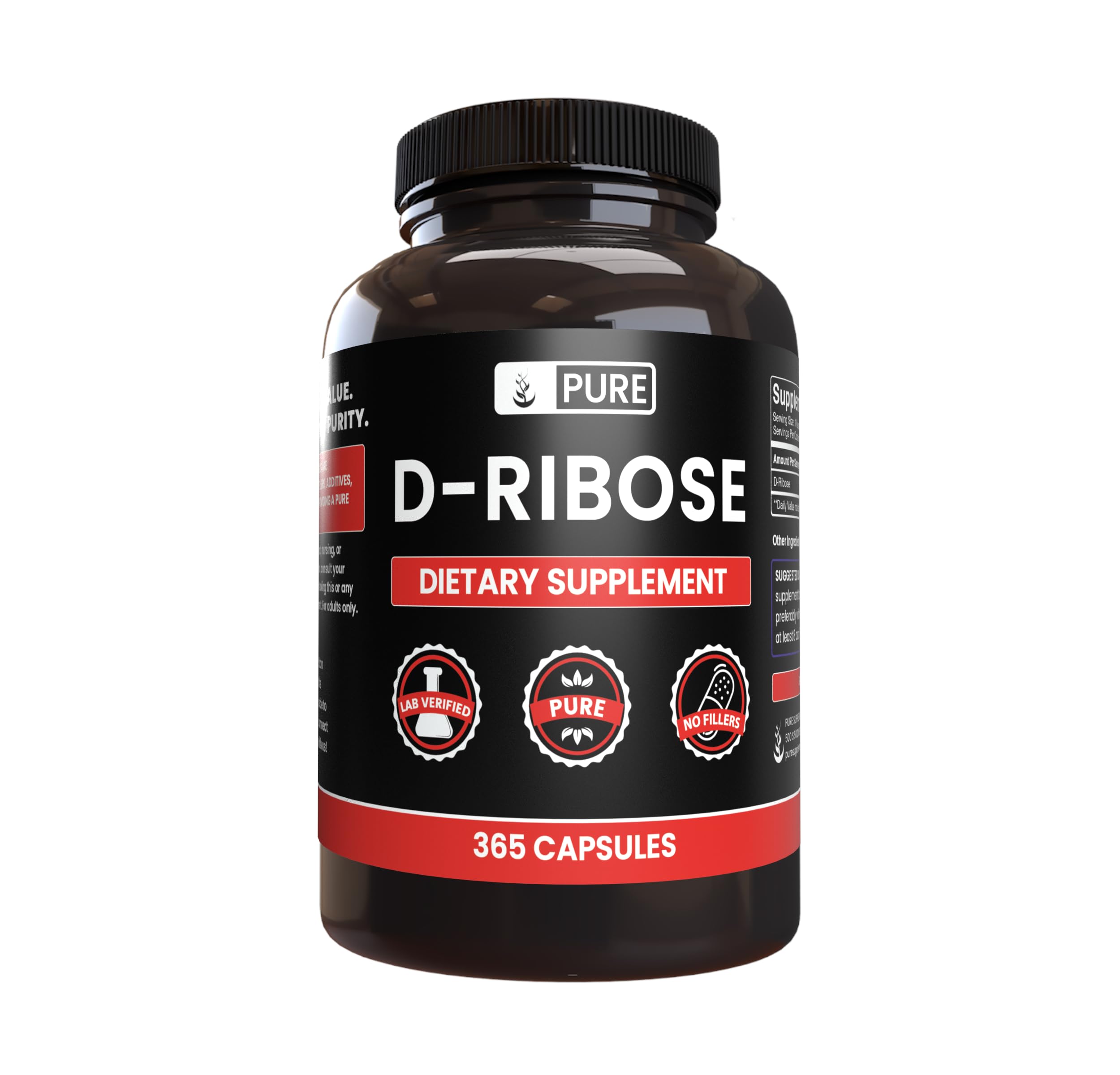 Pure Original Ingredients D-Ribose : Bouteille de capsules sans additifs pour usage quotidien.