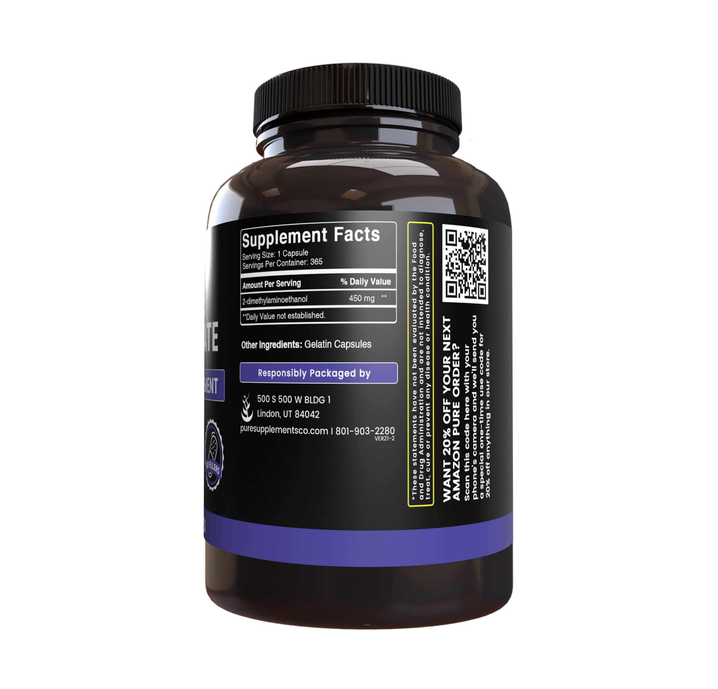 Etiquette Pure Original Ingredients DMAE Bitartrate sans additifs pour identification rapide.