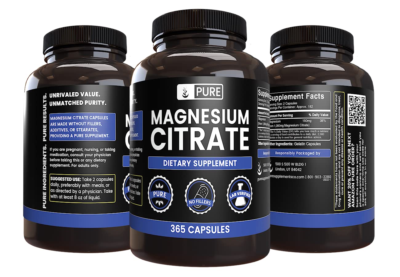 Pure Original Ingredients Magnésium-Citrate bouteille, gros plan sur les capsules et leur pureté.