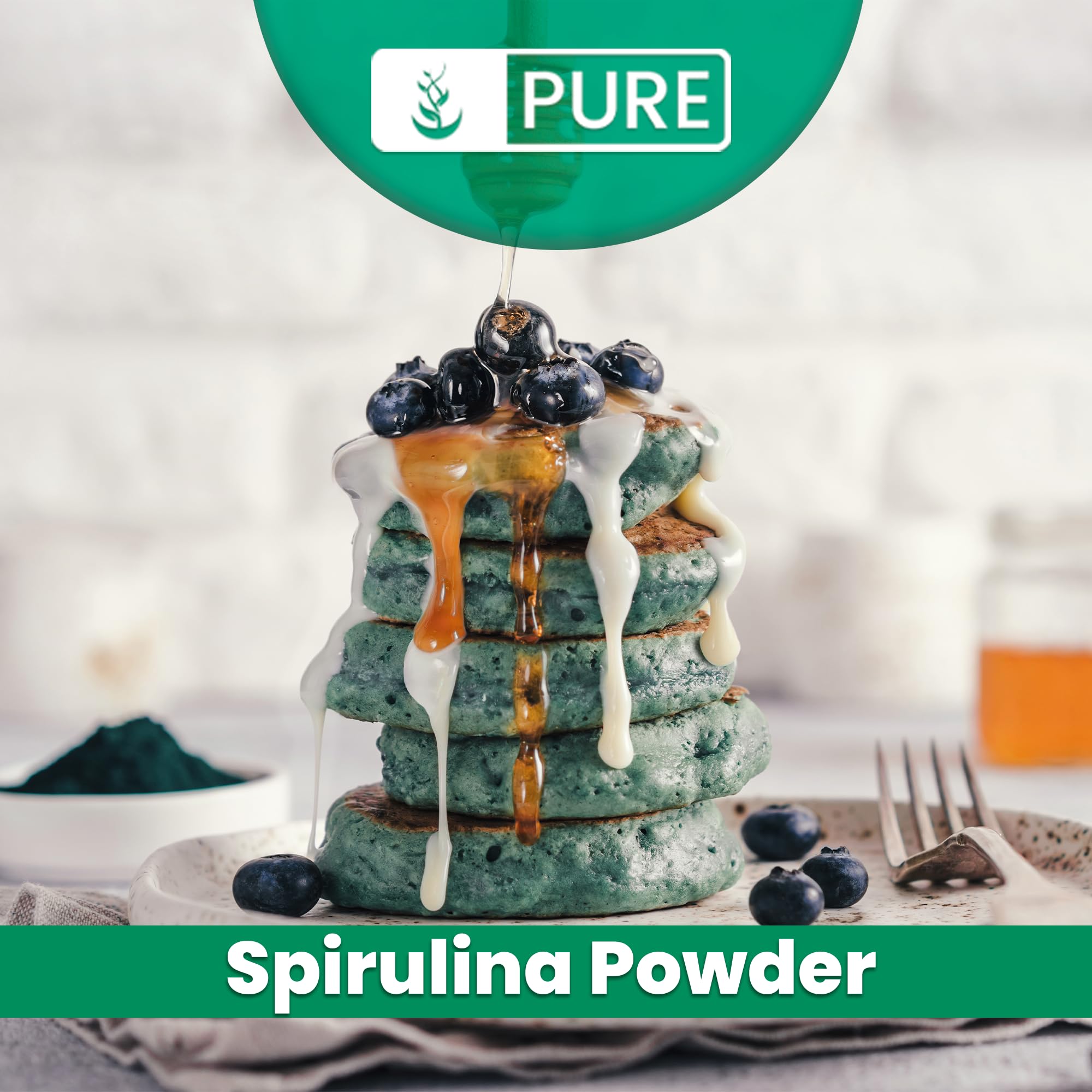 PURE ORIGINAL INGREDIENTS Spiruline Poudre — pot ouvert révèle une texture pure