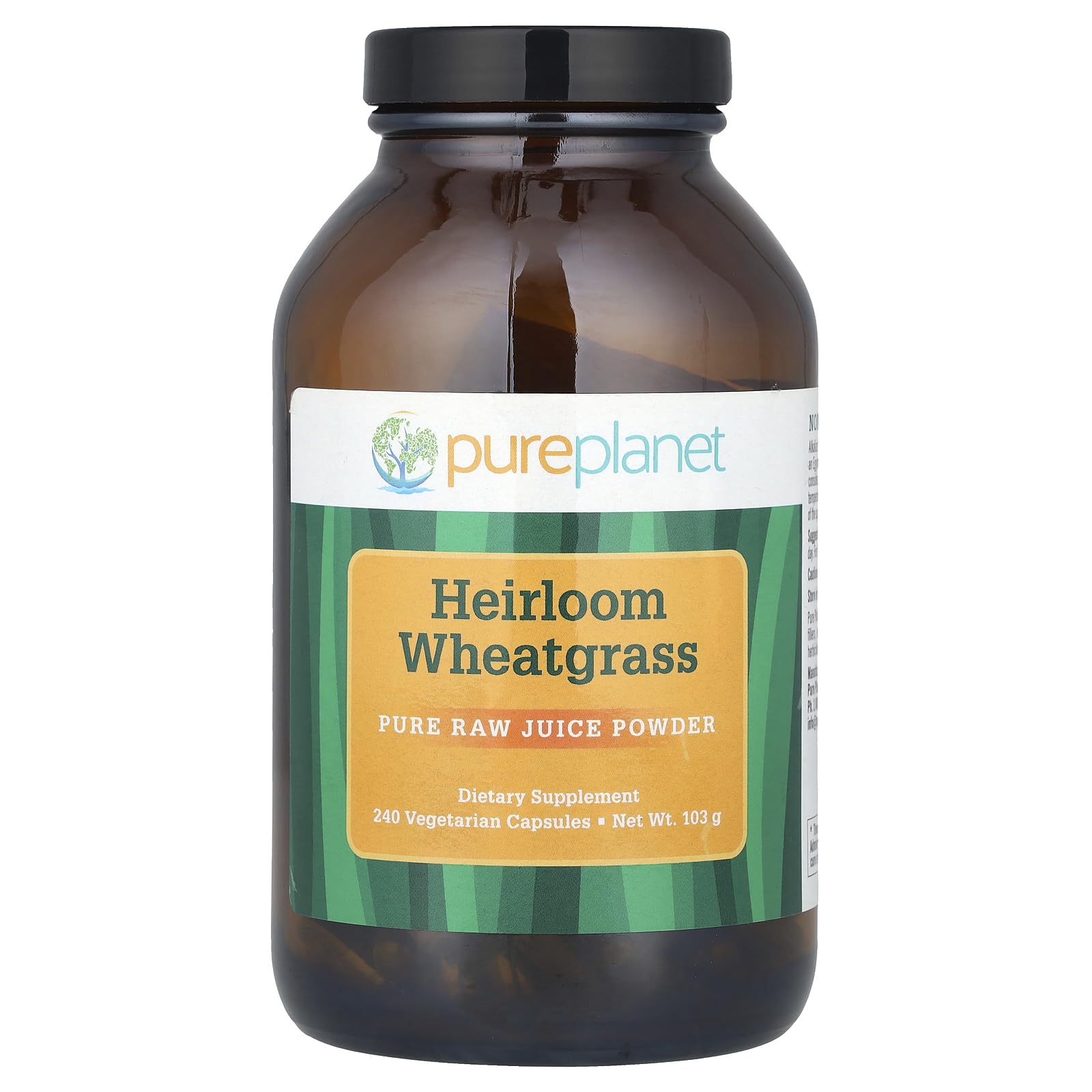 PURE PLANET Heirloom Wheatgrass: bouteille de capsules prête à l'emploi pour un apport nutritif.