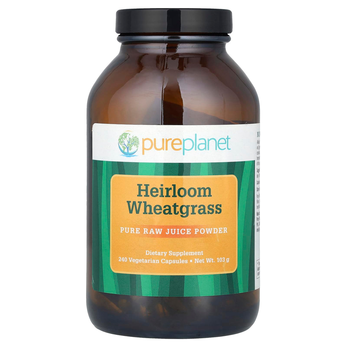 PURE PLANET Heirloom Wheatgrass: bouteille de capsules prête à l'emploi pour un apport nutritif.