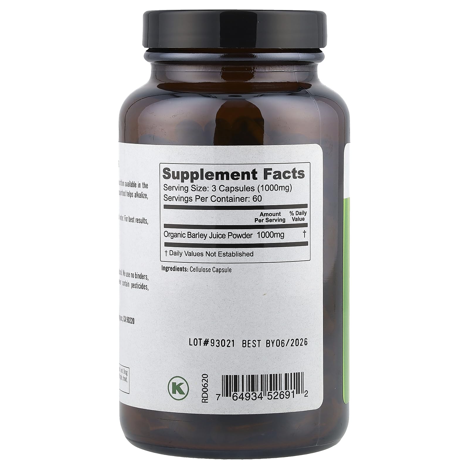 Étiquette Pure Planet Just Barley – informations sans OGM et sans conservateurs.