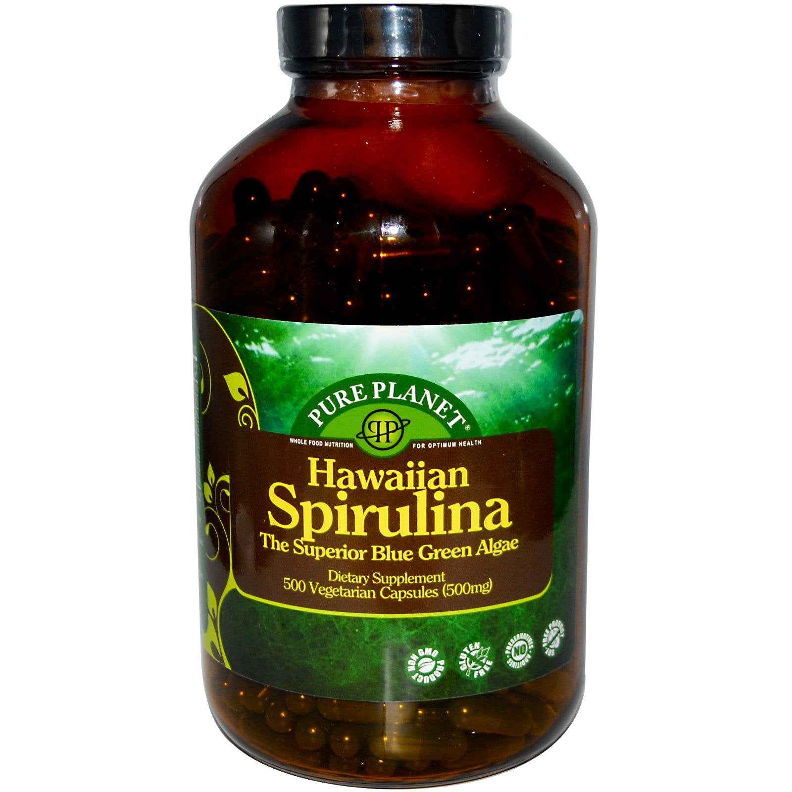 Pure Planet Spiruline 500 mg, capsules végétales, source naturelle d'énergie et de nutriments.