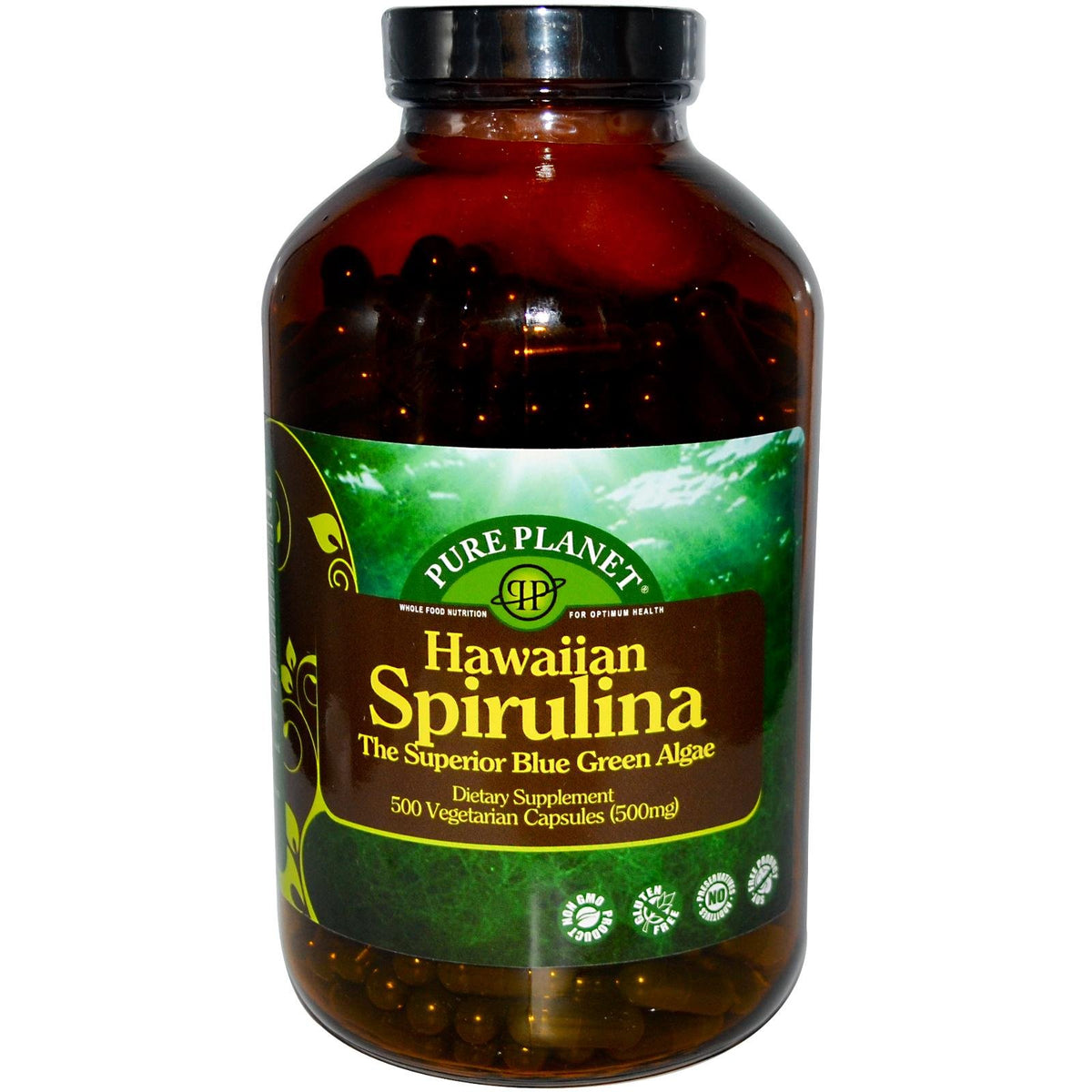 Pure Planet Spiruline 500 mg, capsules végétales, source naturelle d'énergie et de nutriments.